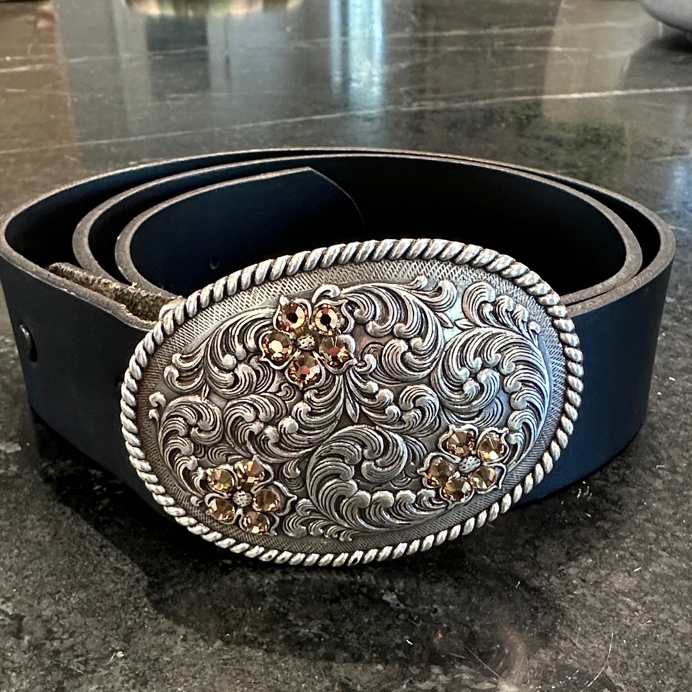 Elegant Black Belt with Intricate Silver Buckle